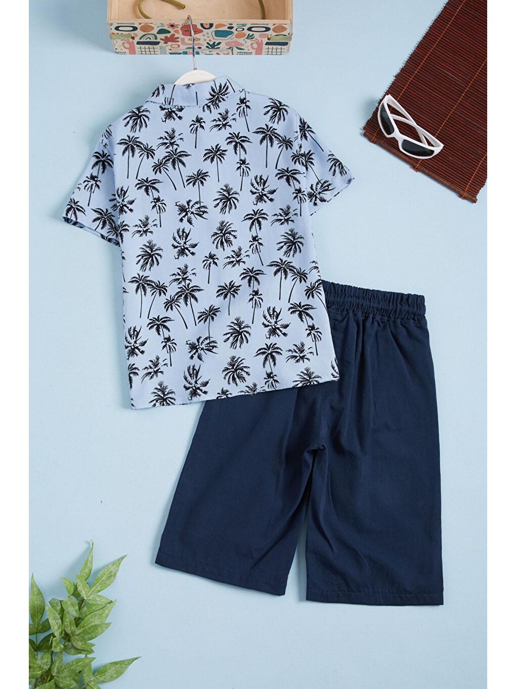 Mavi Palmiye Baskı Gömlekli Şortlu Erkek Takım 15645-4