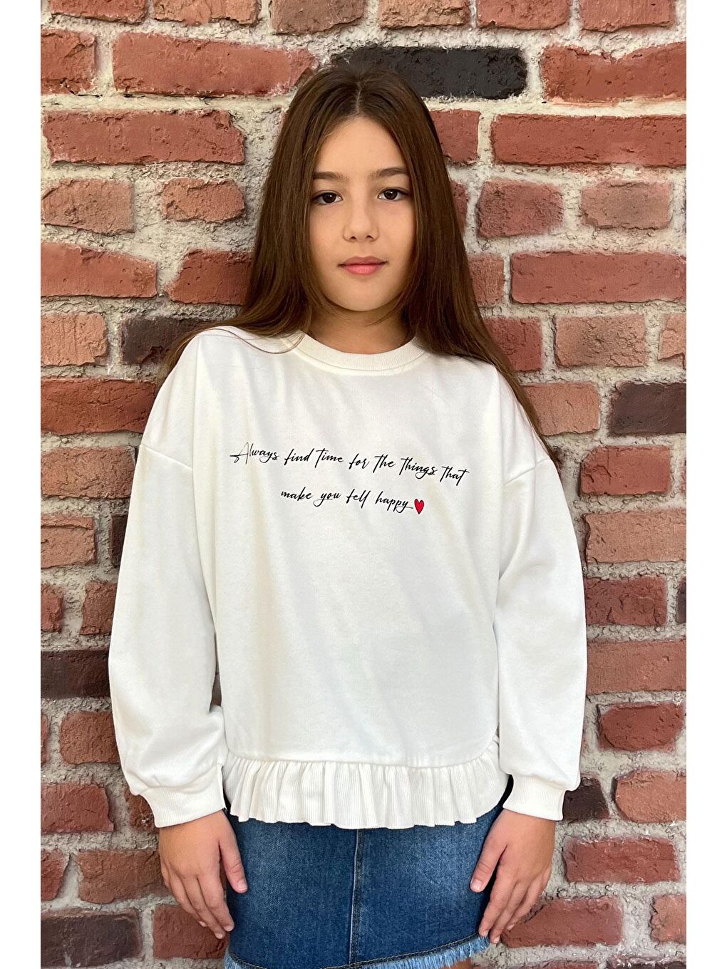 Kız Çocuk Sweatshirt Yazı Baskılı Etek Ucu Fırfıtlı Ekru (9-11 Yaş)