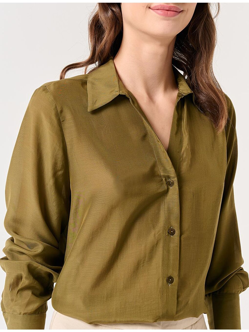 Haki Uzun Kollu Gömlek Yaka Dokuma Gömlek-3