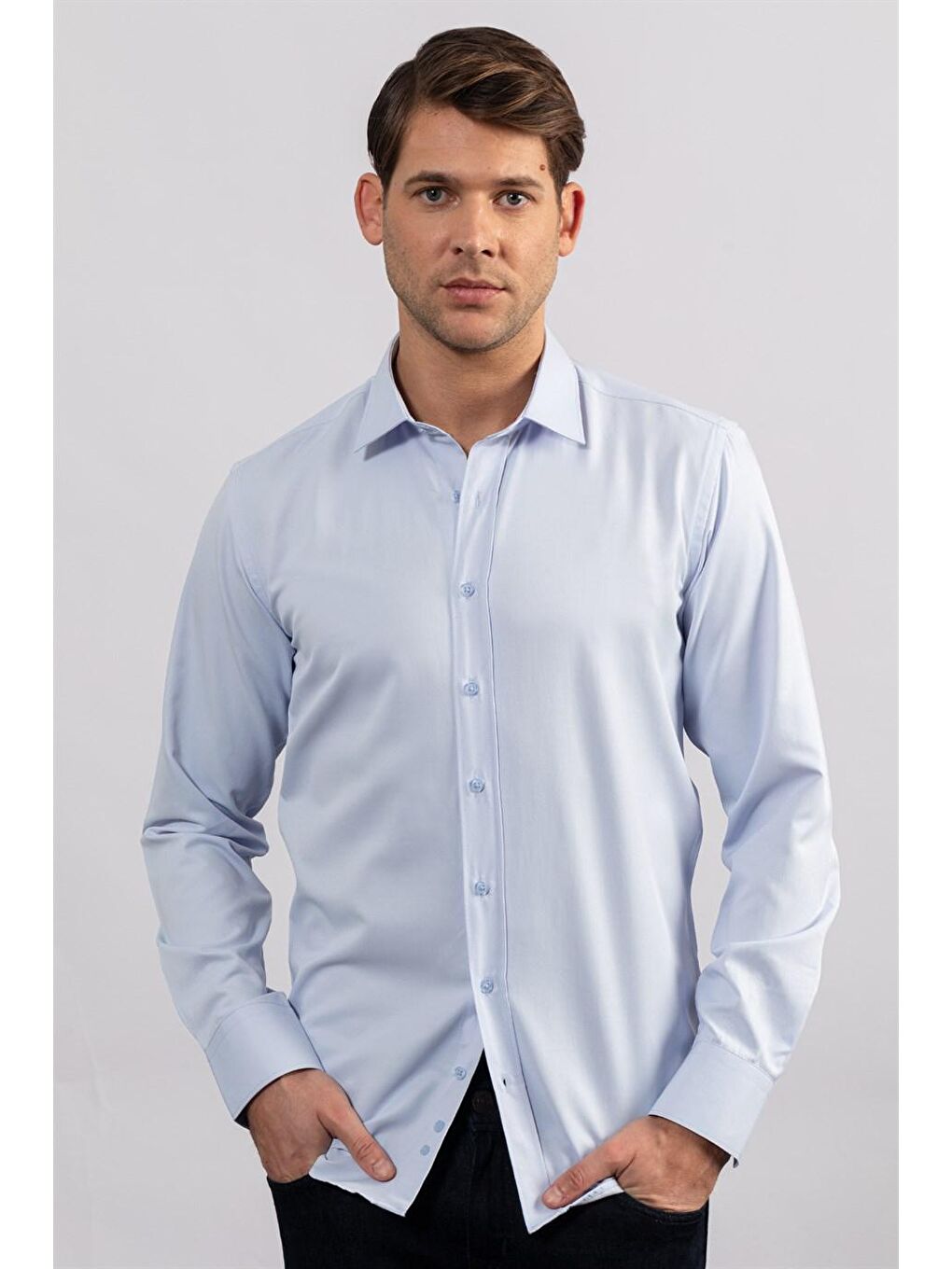 Modern Slim Fit Düz Erkek Mavi Gömlek