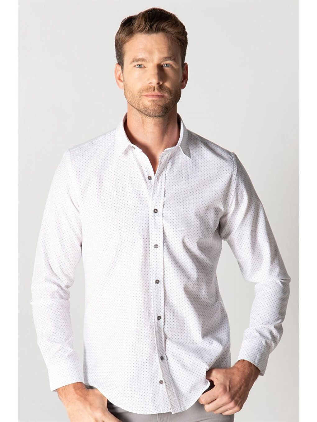Beyaz Slım Fit Uzun Kol Baskılı Desenli Erkek Gömlek