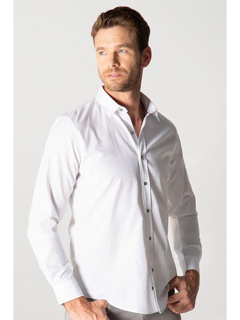 Beyaz Slım Fit Uzun Kol Baskılı Desenli Erkek Gömlek-1