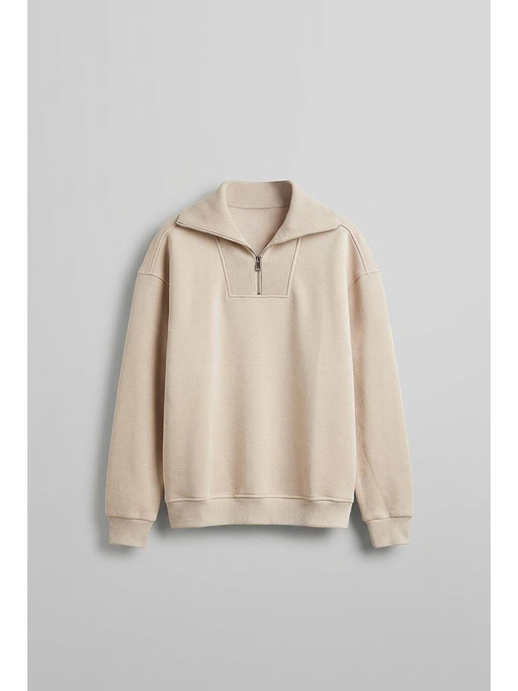 Erkek Oversize Dik Yaka Yarım Fermuarlı Sweatshirt Bej-5