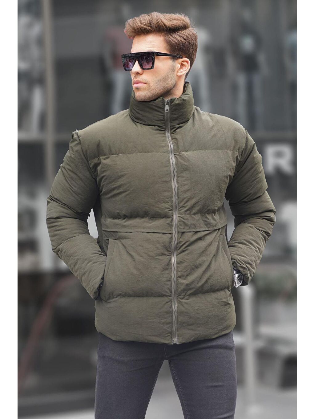 Haki Dik Yaka Erkek Şişme Mont 6807-1