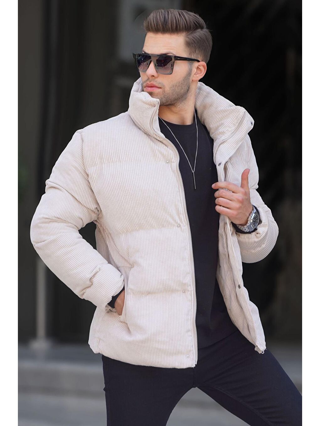 Bej Taş Rengi Fitilli Kadife Erkek Şişme Mont 6719