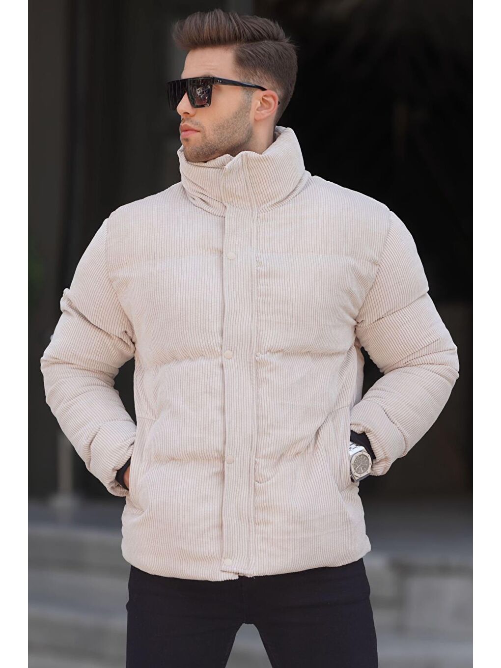 Bej Taş Rengi Fitilli Kadife Erkek Şişme Mont 6719-1