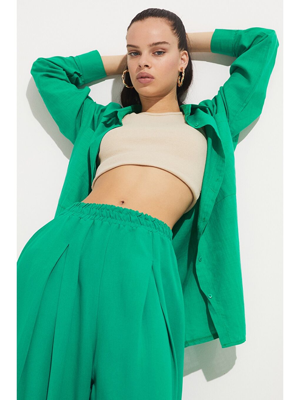 Yeşil Kadın Boyfriend/Geniş Kalıp %100 Pamuk Gömlek-2