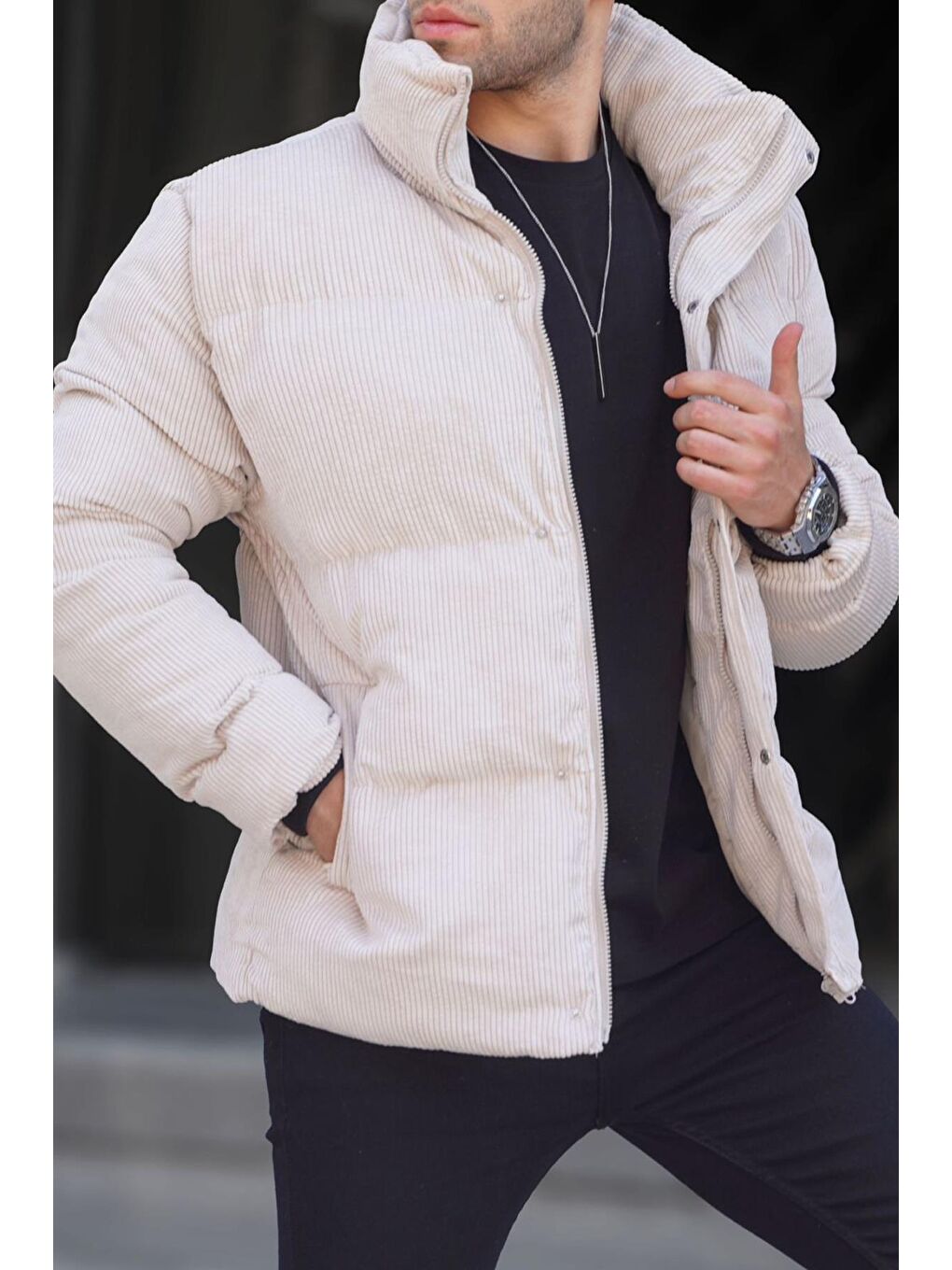 Bej Taş Rengi Fitilli Kadife Erkek Şişme Mont 6719-2