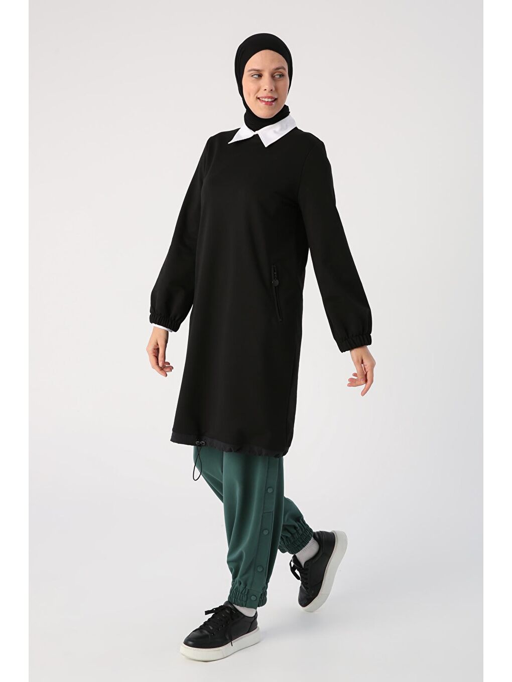 Siyah Dokuma Garnili Fermuar Cepli Tunik-2