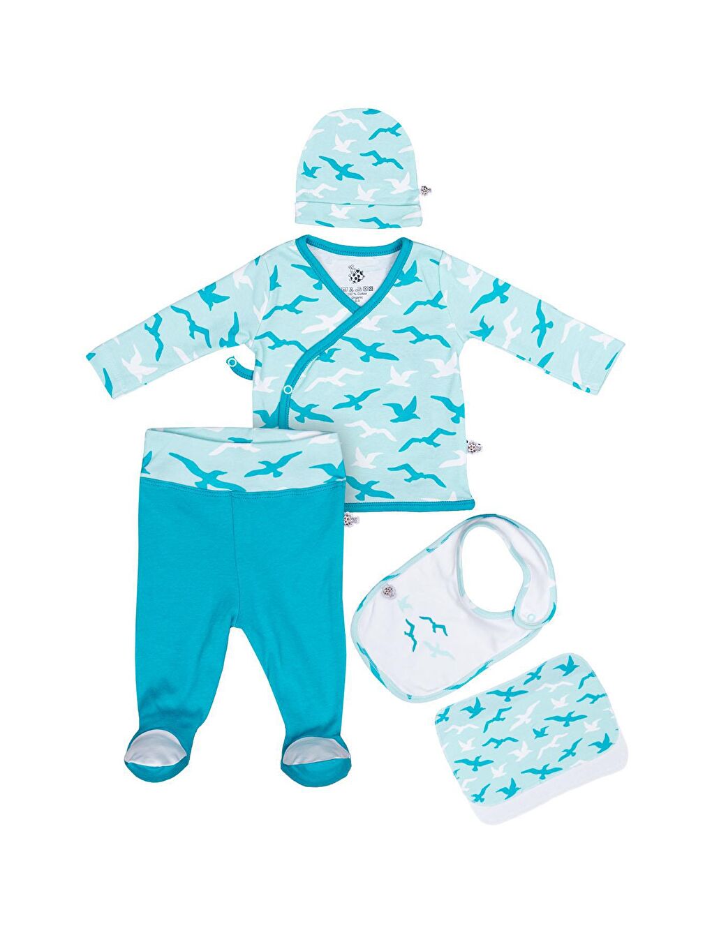 Turna Erkek Bebek 5'li Hastane Çıkışı Zıbın Seti %100 Organik Pamuk Yeni Doğan Turkuaz 0-3 Ay