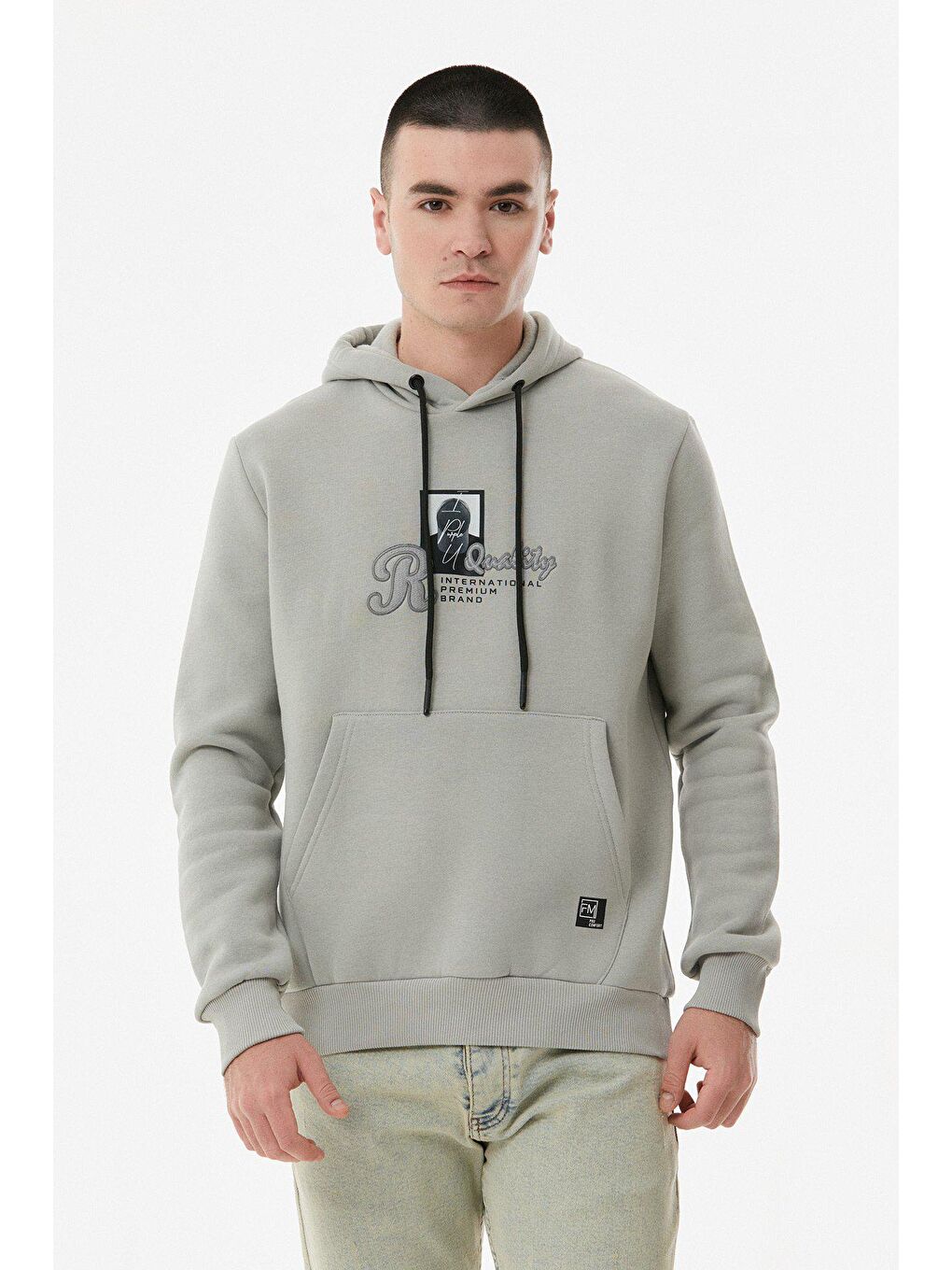 Gri Nakışlı Kapüşonlu Sweatshirt