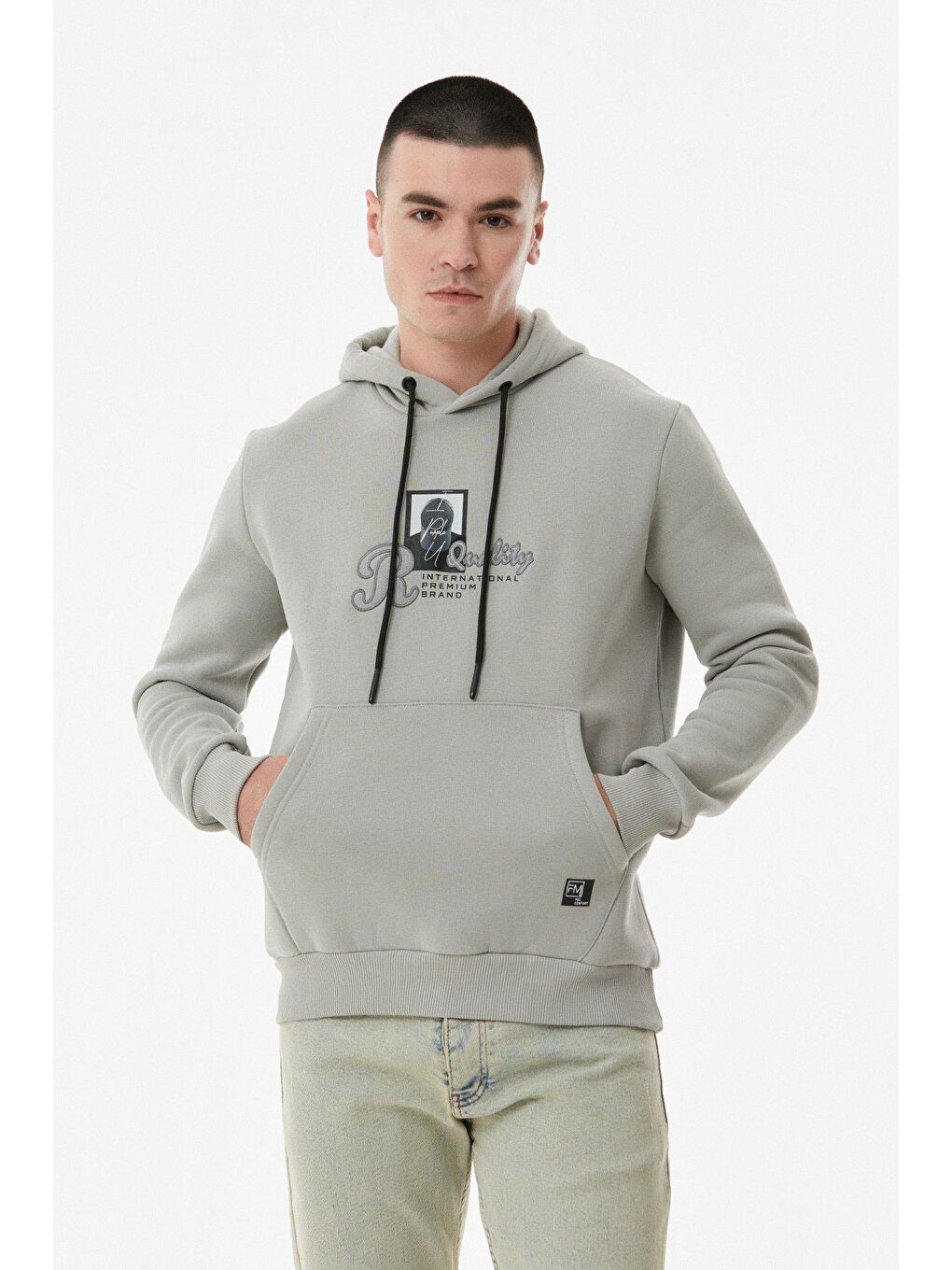 Gri Nakışlı Kapüşonlu Sweatshirt-1