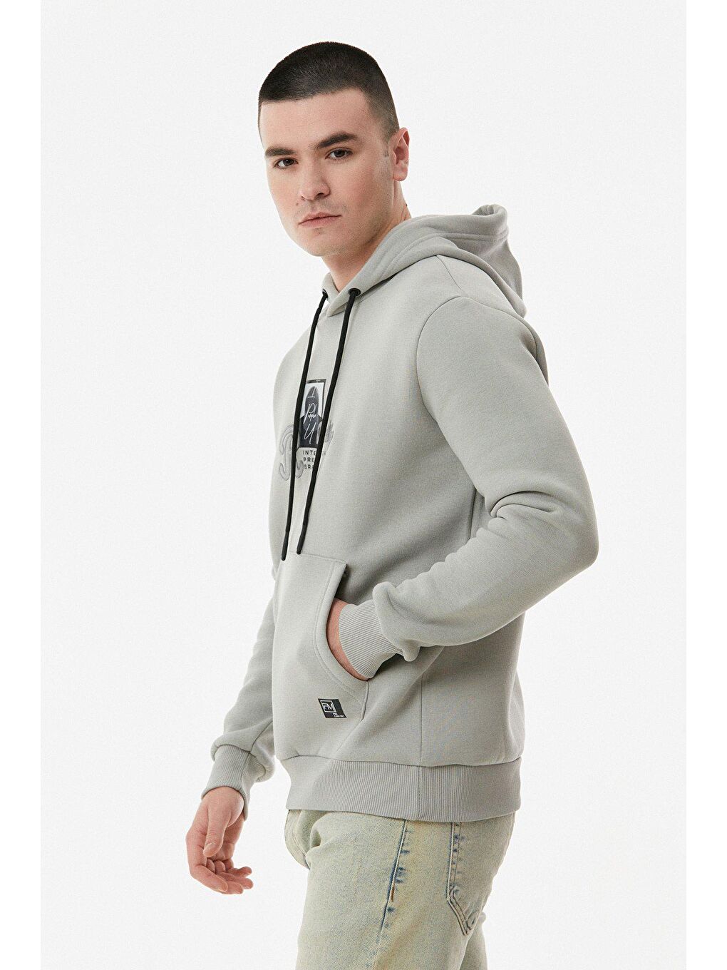 Gri Nakışlı Kapüşonlu Sweatshirt-4