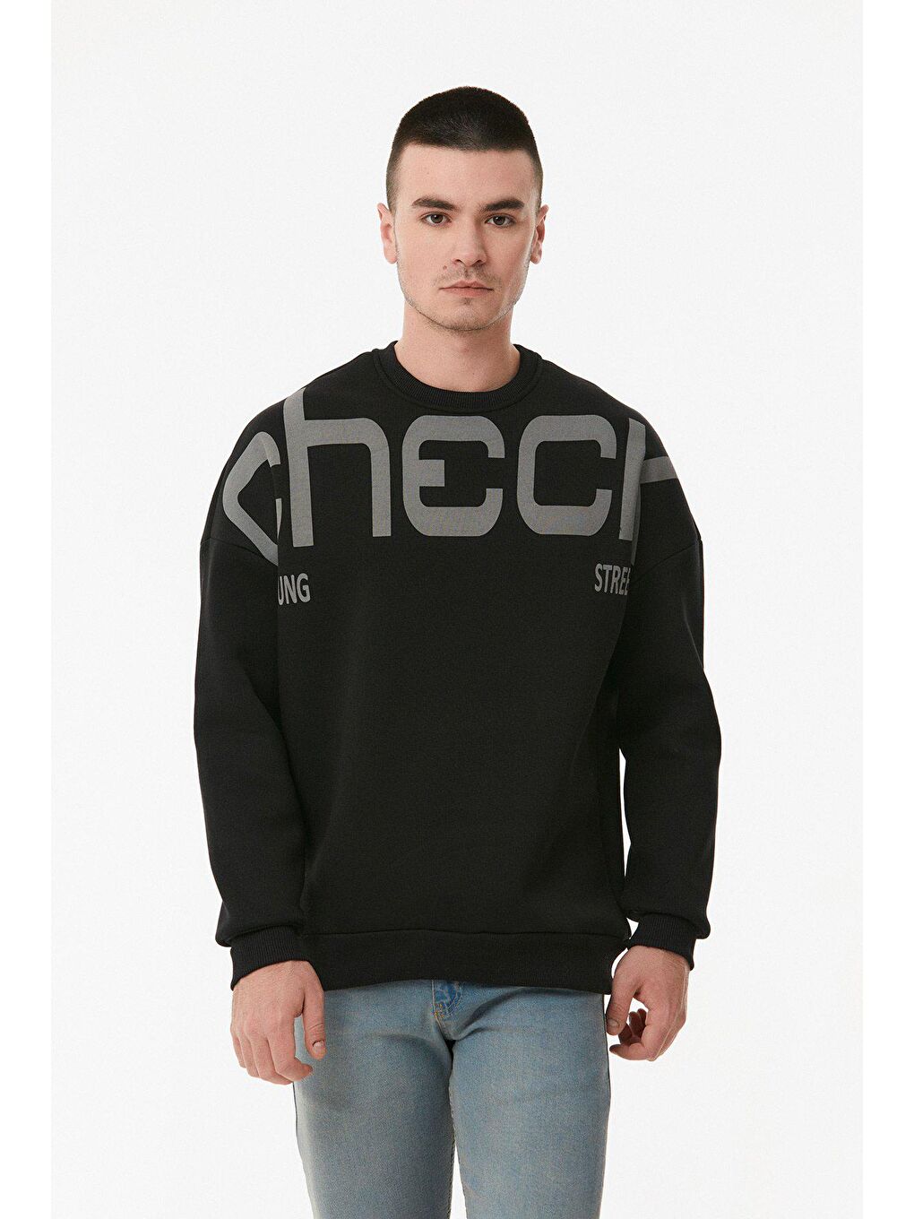 Siyah Yazı Baskılı Bisiklet Yaka Sweatshirt