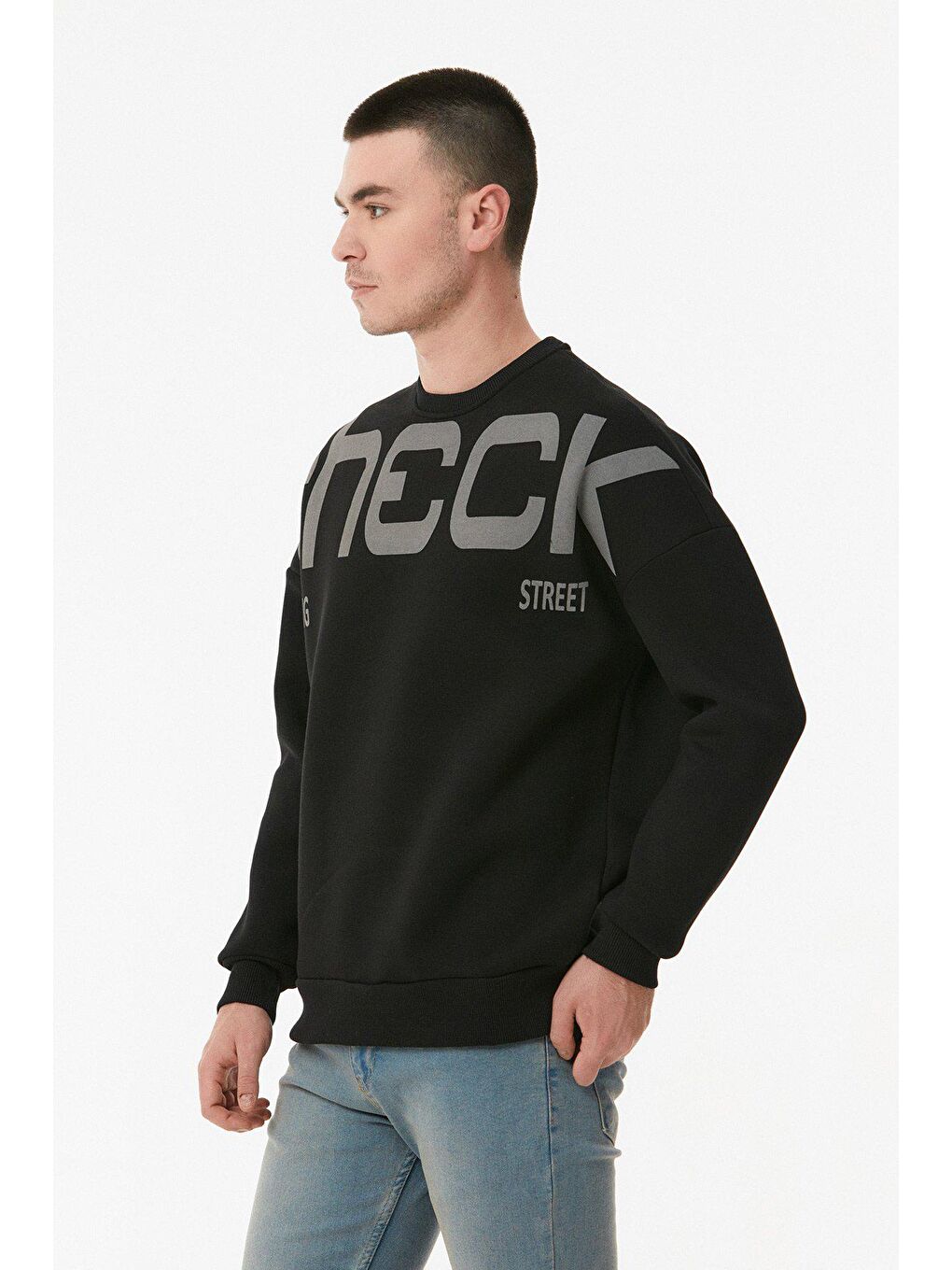 Siyah Yazı Baskılı Bisiklet Yaka Sweatshirt-3