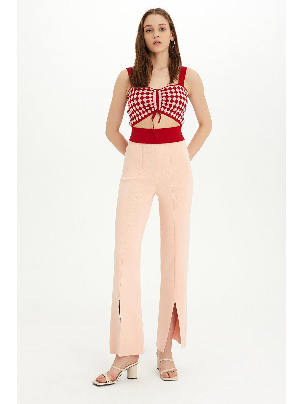 Pembe Pudra Yırtmaçlı Triko Pantolon