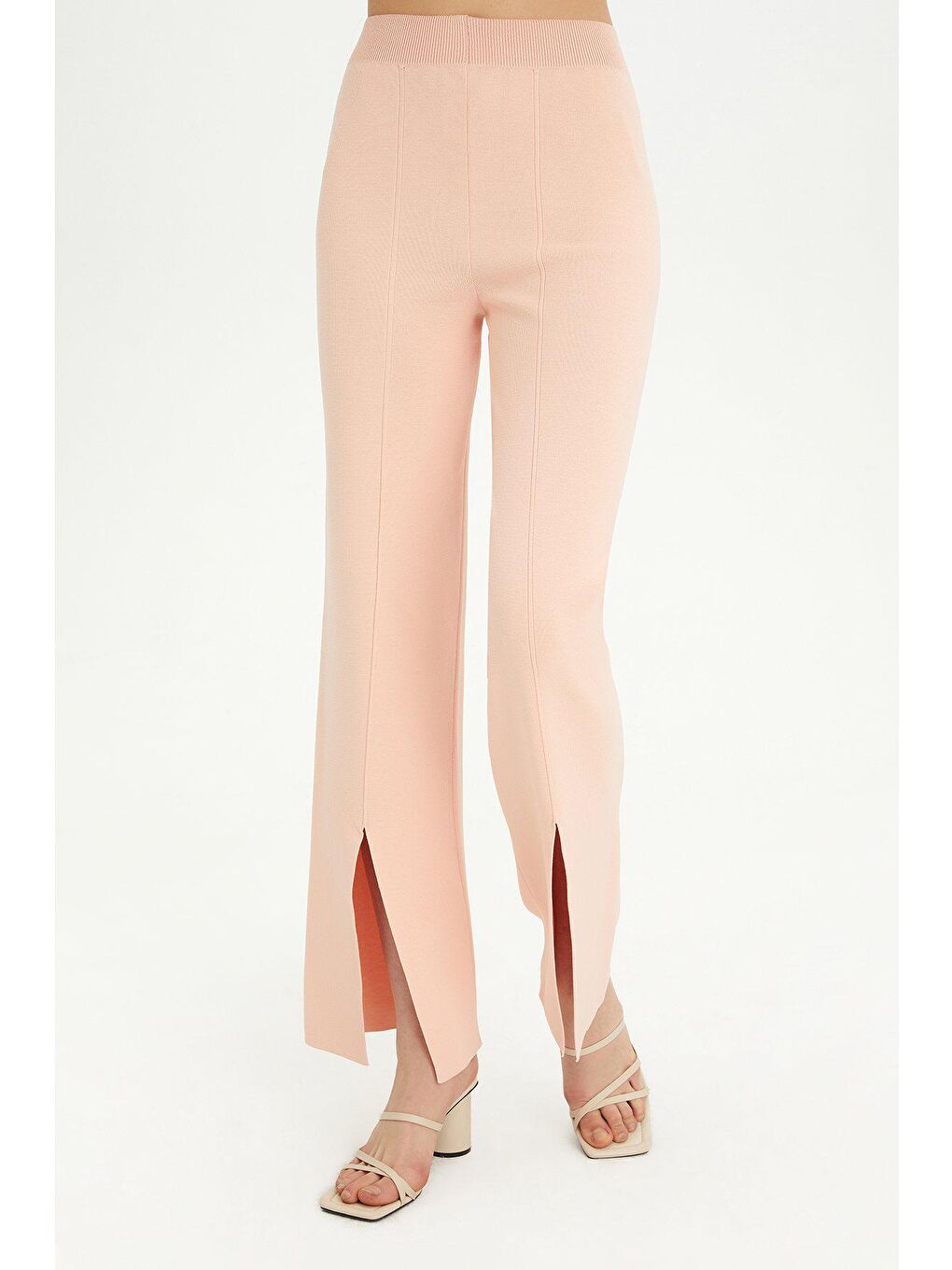 Pembe Pudra Yırtmaçlı Triko Pantolon-1