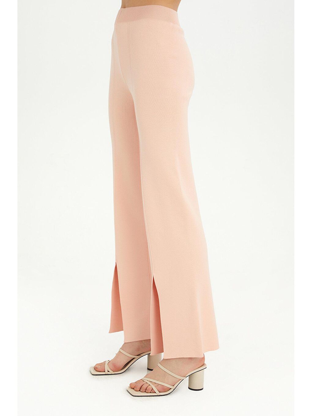 Pembe Pudra Yırtmaçlı Triko Pantolon-2