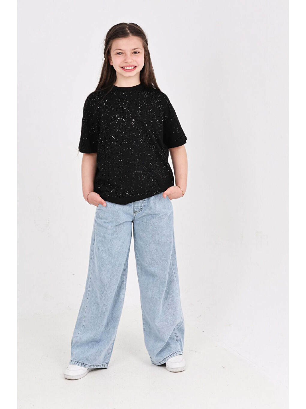 Siyah Kız Çocuk 2'li Jean Takım (pantolon+bluz) 7-12 Yaş 12666-1