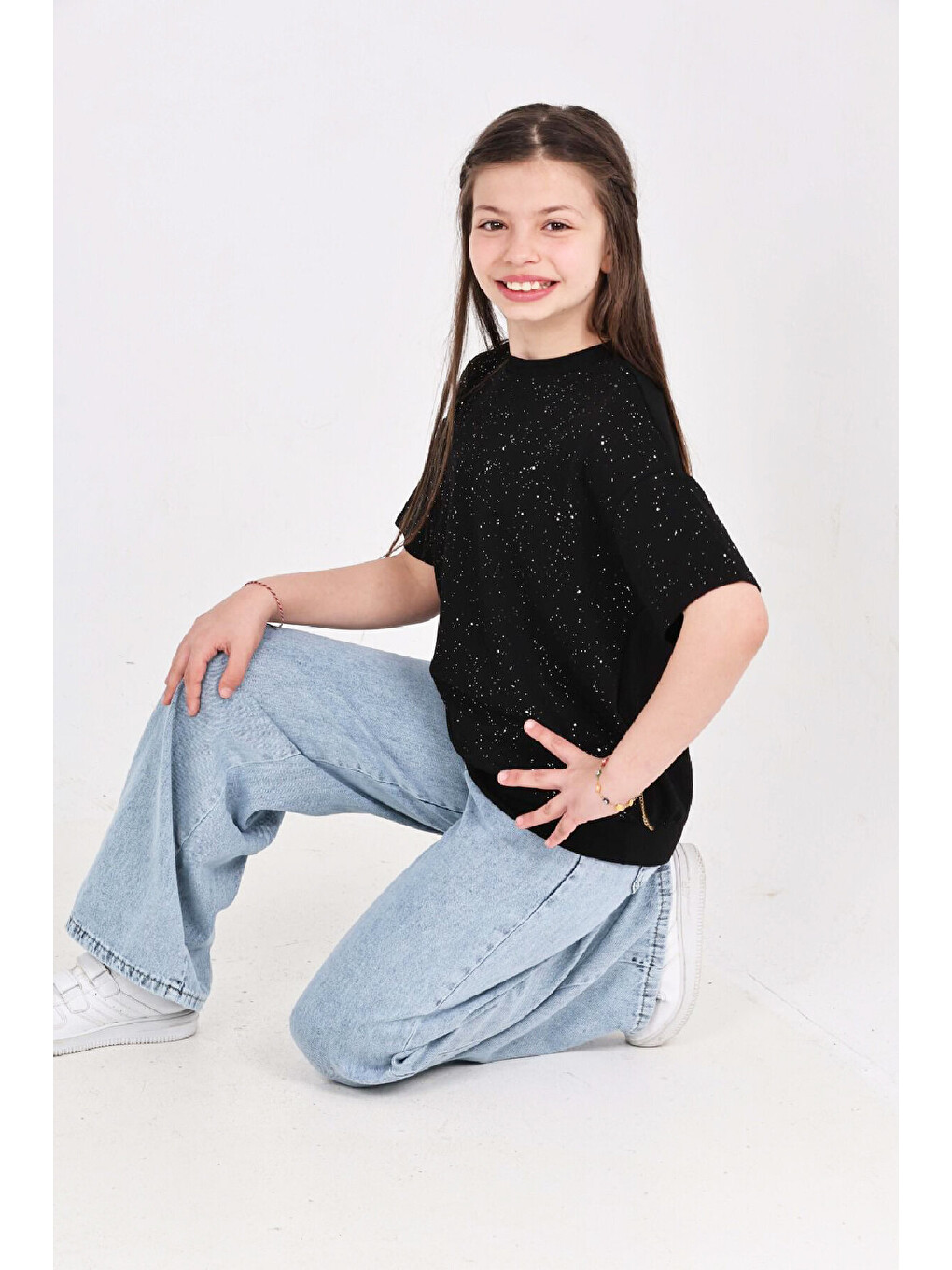 Siyah Kız Çocuk 2'li Jean Takım (pantolon+bluz) 7-12 Yaş 12666-2