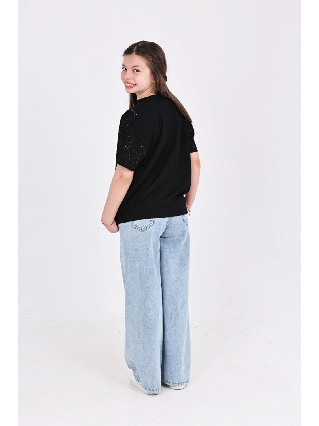 Siyah Kız Çocuk 2'li Jean Takım (pantolon+bluz) 7-12 Yaş 12666-3
