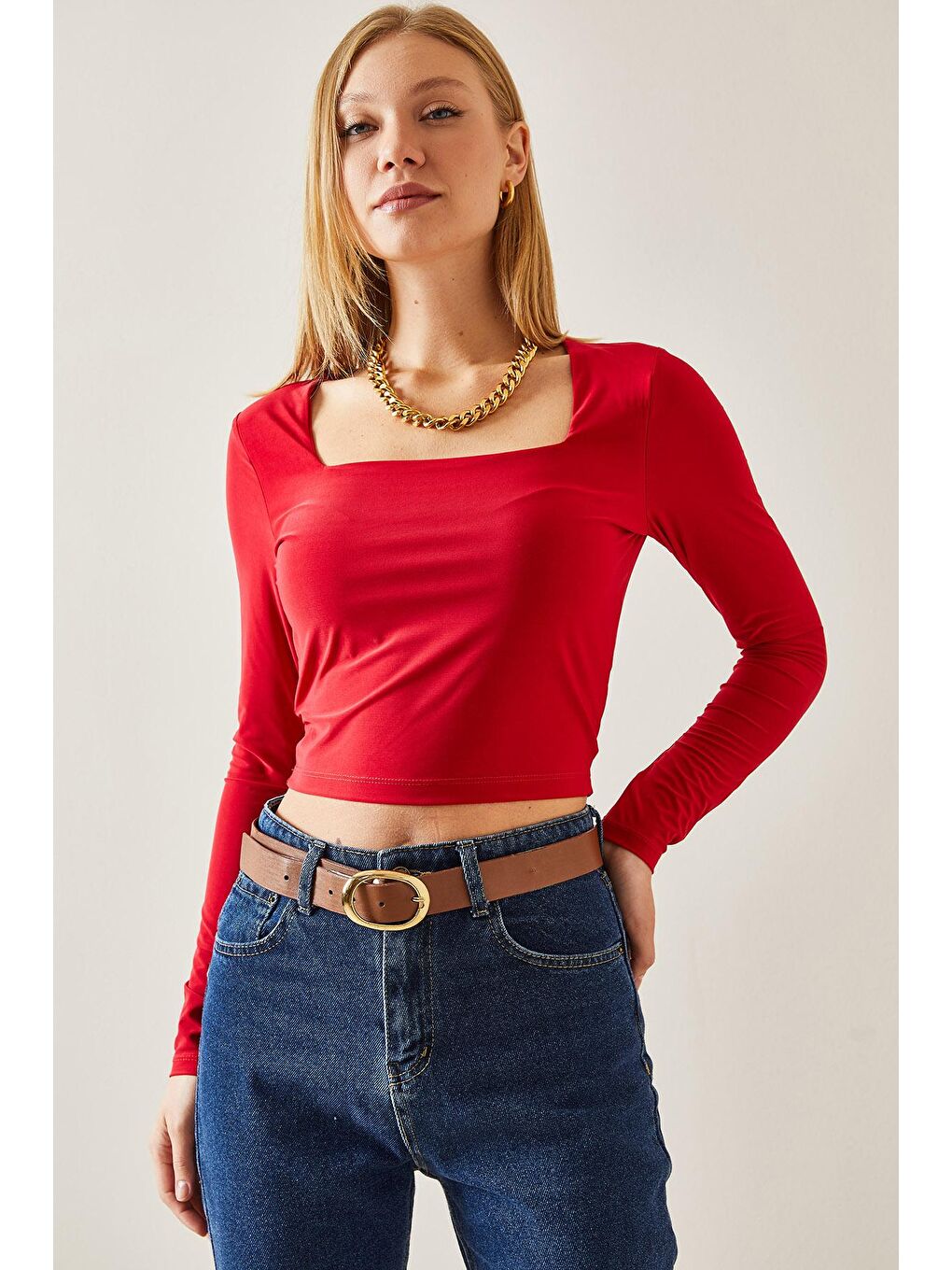 Kırmızı Kare Yaka Crop Bluz 4KXK2-47654-04-1