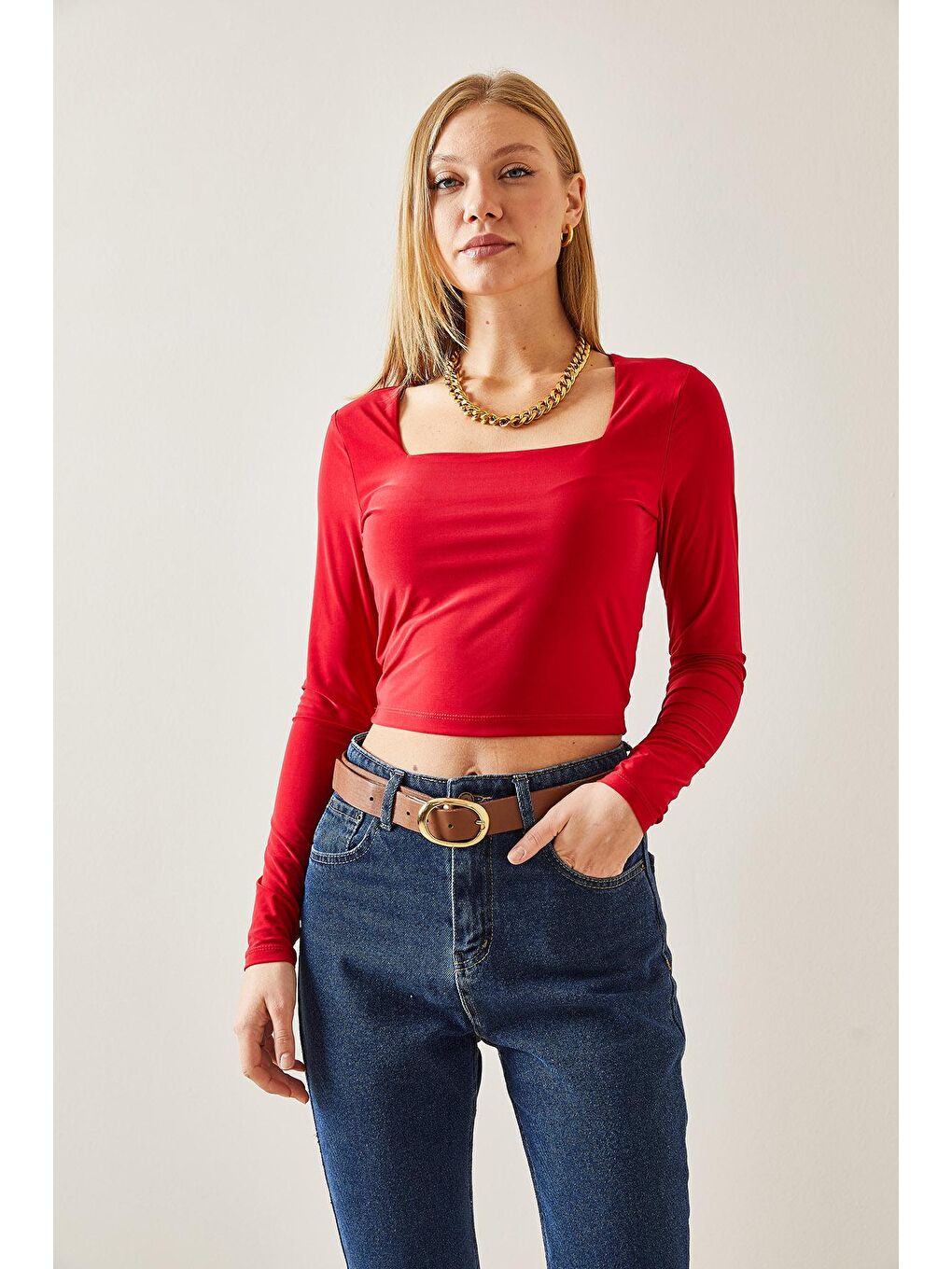 Kırmızı Kare Yaka Crop Bluz 4KXK2-47654-04-2