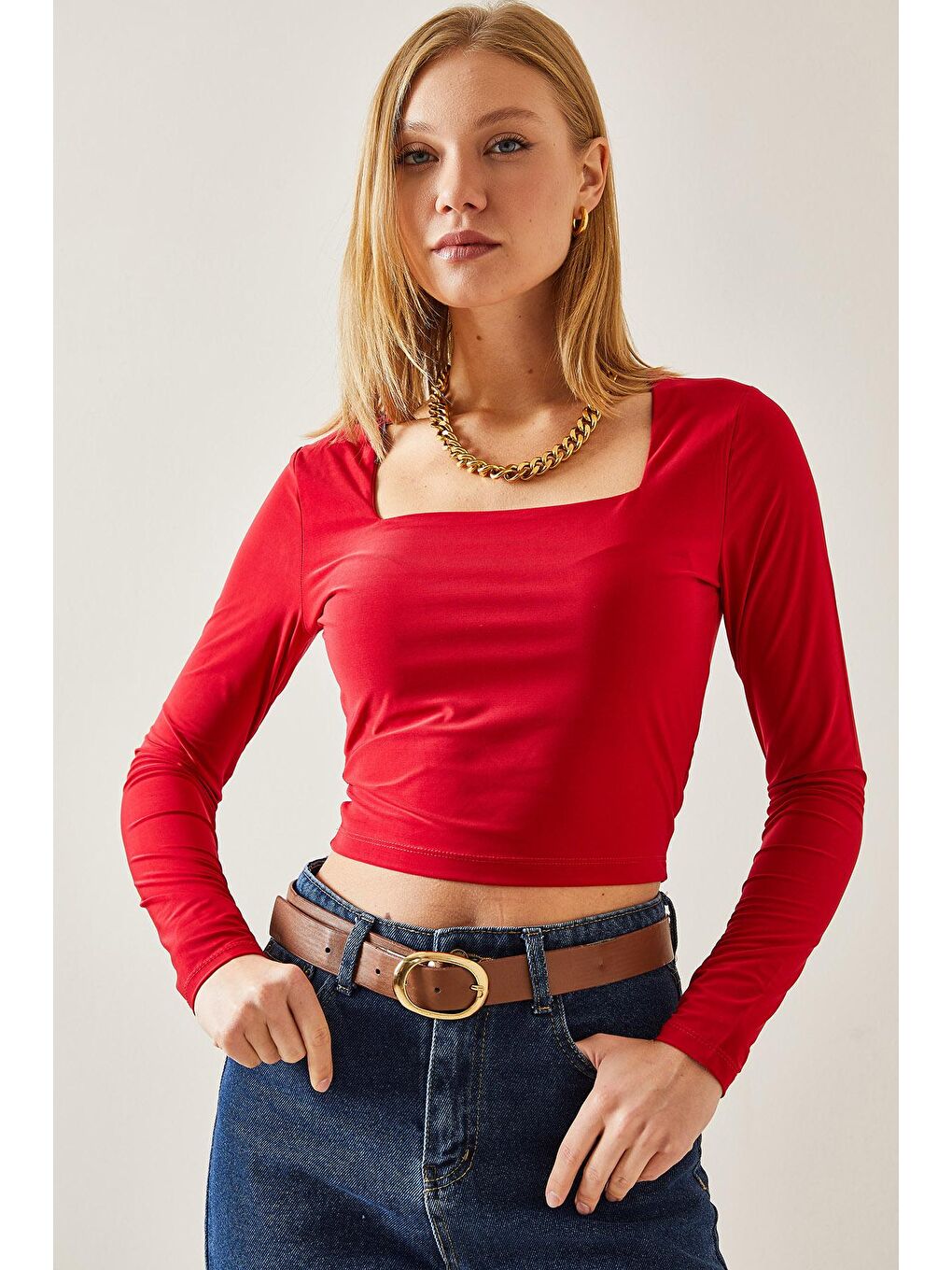 Kırmızı Kare Yaka Crop Bluz 4KXK2-47654-04-3