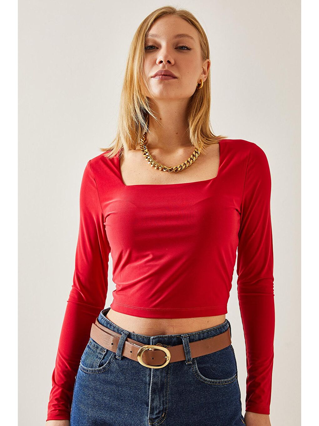 Kırmızı Kare Yaka Crop Bluz 4KXK2-47654-04-4