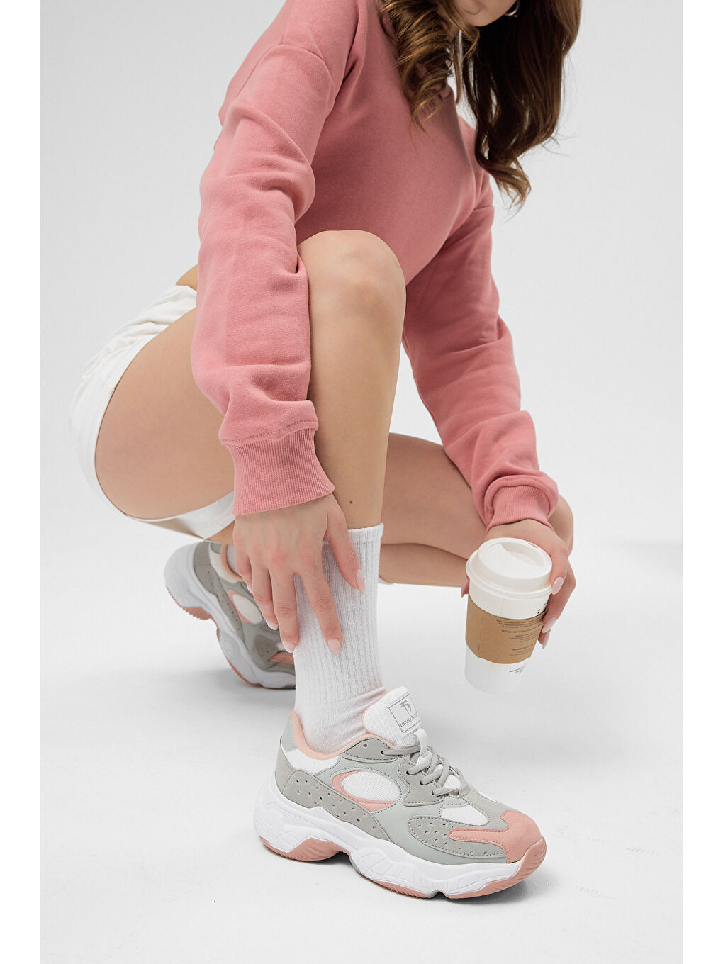 Gri Kadın Buz Pudra Rahat Kalıp Yüksek Taban Bağcıklı Spor Ayakkabı-1