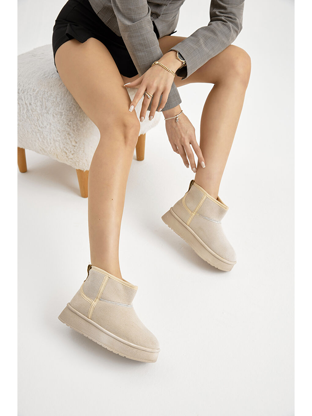 Kadın Bej Kalın Poli Taban Süet Görünümlü Günlük Bot-2
