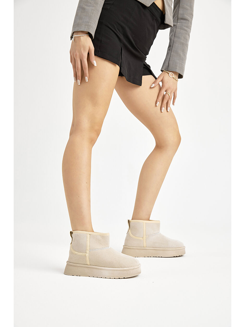 Kadın Bej Kalın Poli Taban Süet Görünümlü Günlük Bot-4