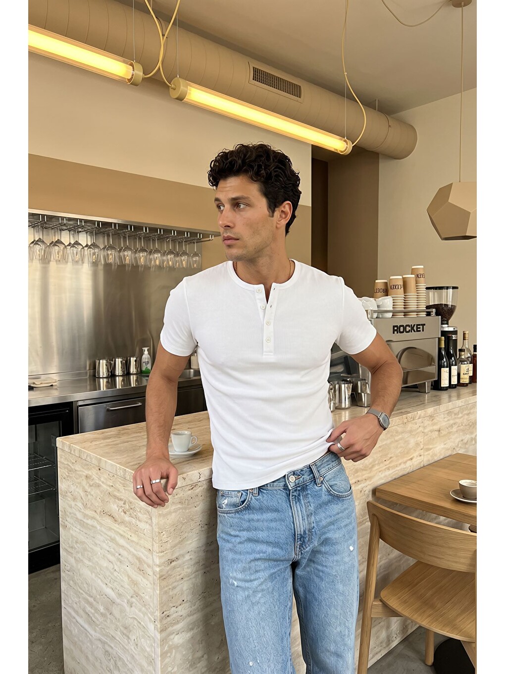 Beyaz Liiri %100 Pamuk Premium Fitilli Henley Yaka Yarım Düğmeli Regular Fit Basic Yazlık Erkek Tişört-1