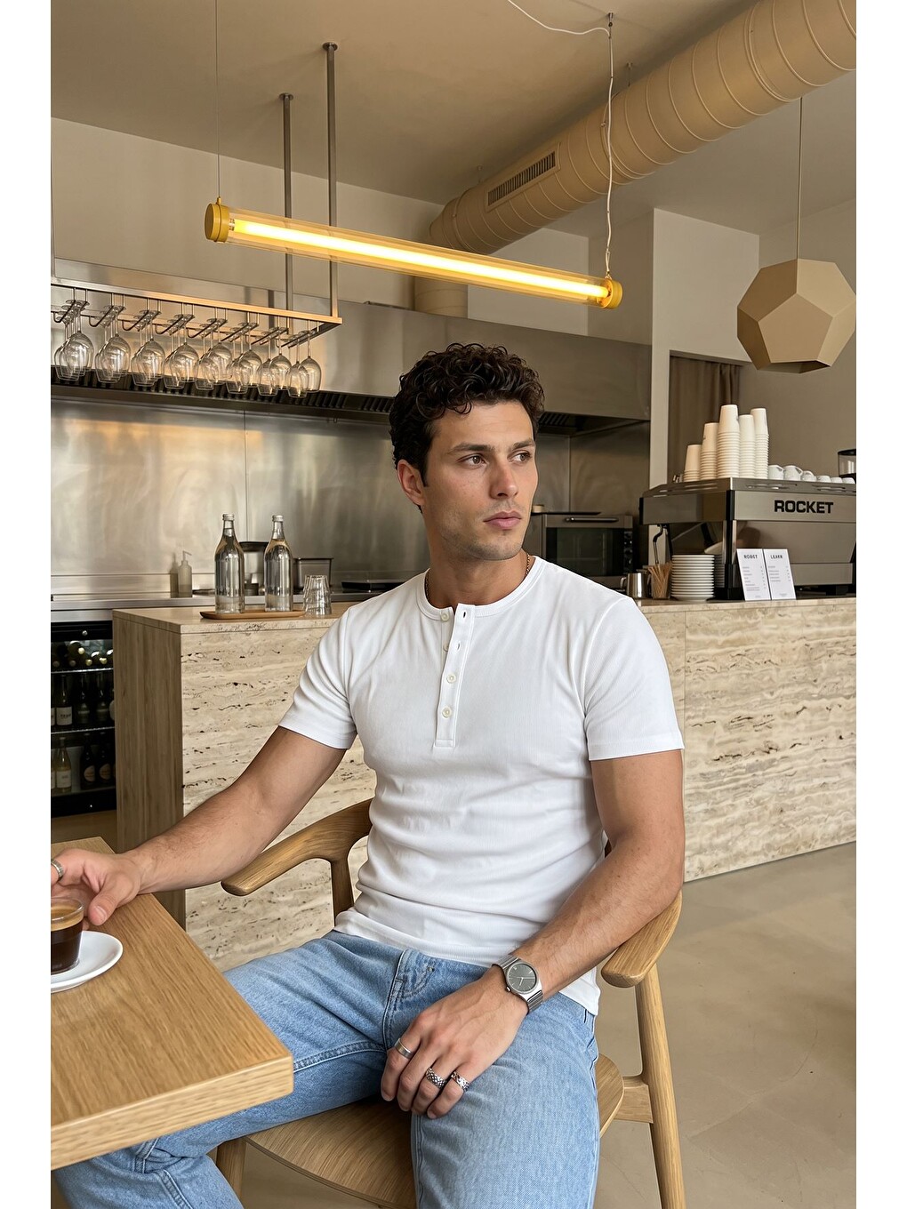 Beyaz Liiri %100 Pamuk Premium Fitilli Henley Yaka Yarım Düğmeli Regular Fit Basic Yazlık Erkek Tişört-5