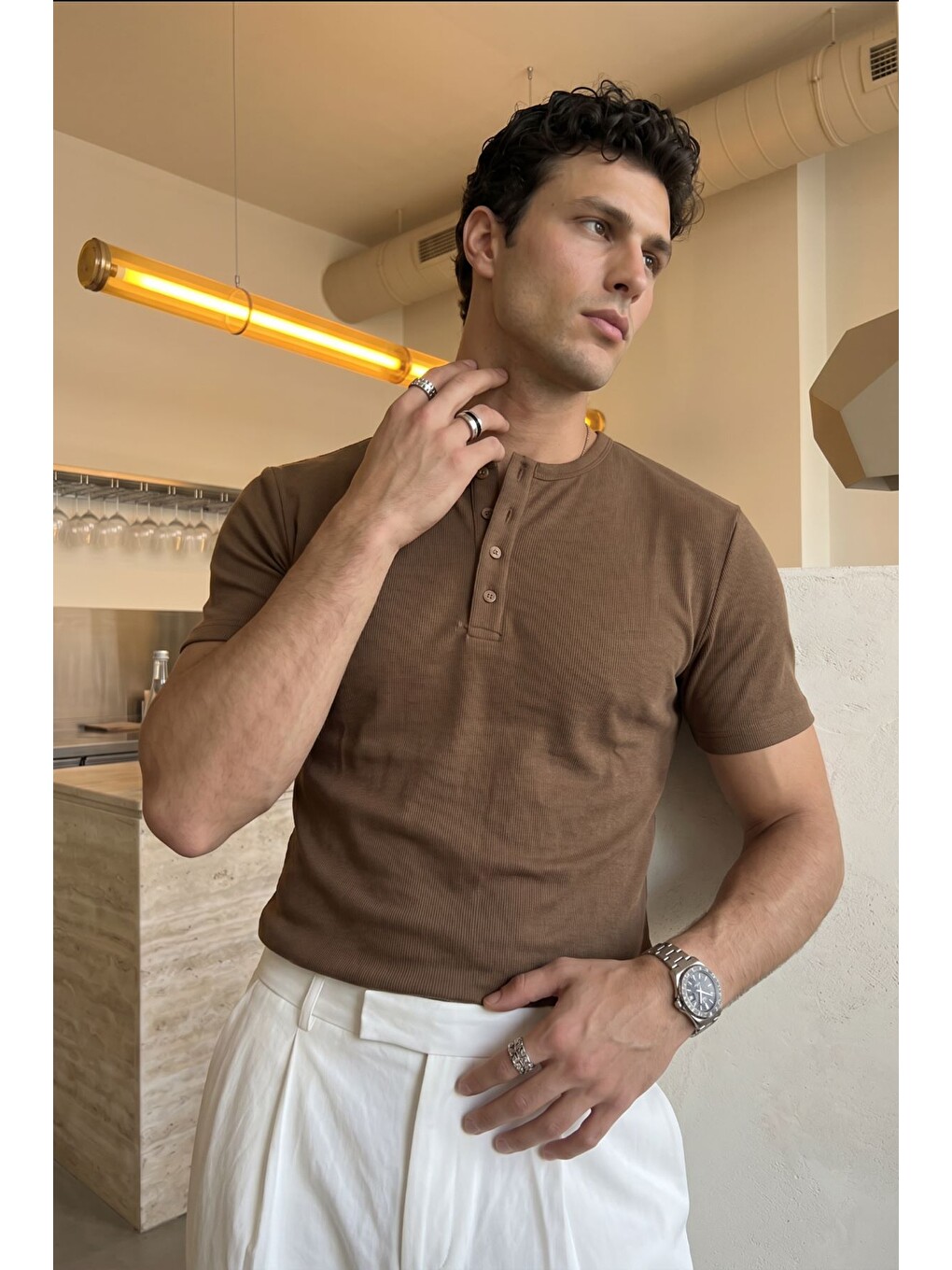 Bej Liiri %100 Pamuk Premium Fitilli Henley Yaka Yarım Düğmeli Regular Fit Basic Yazlık Erkek Tişört-4