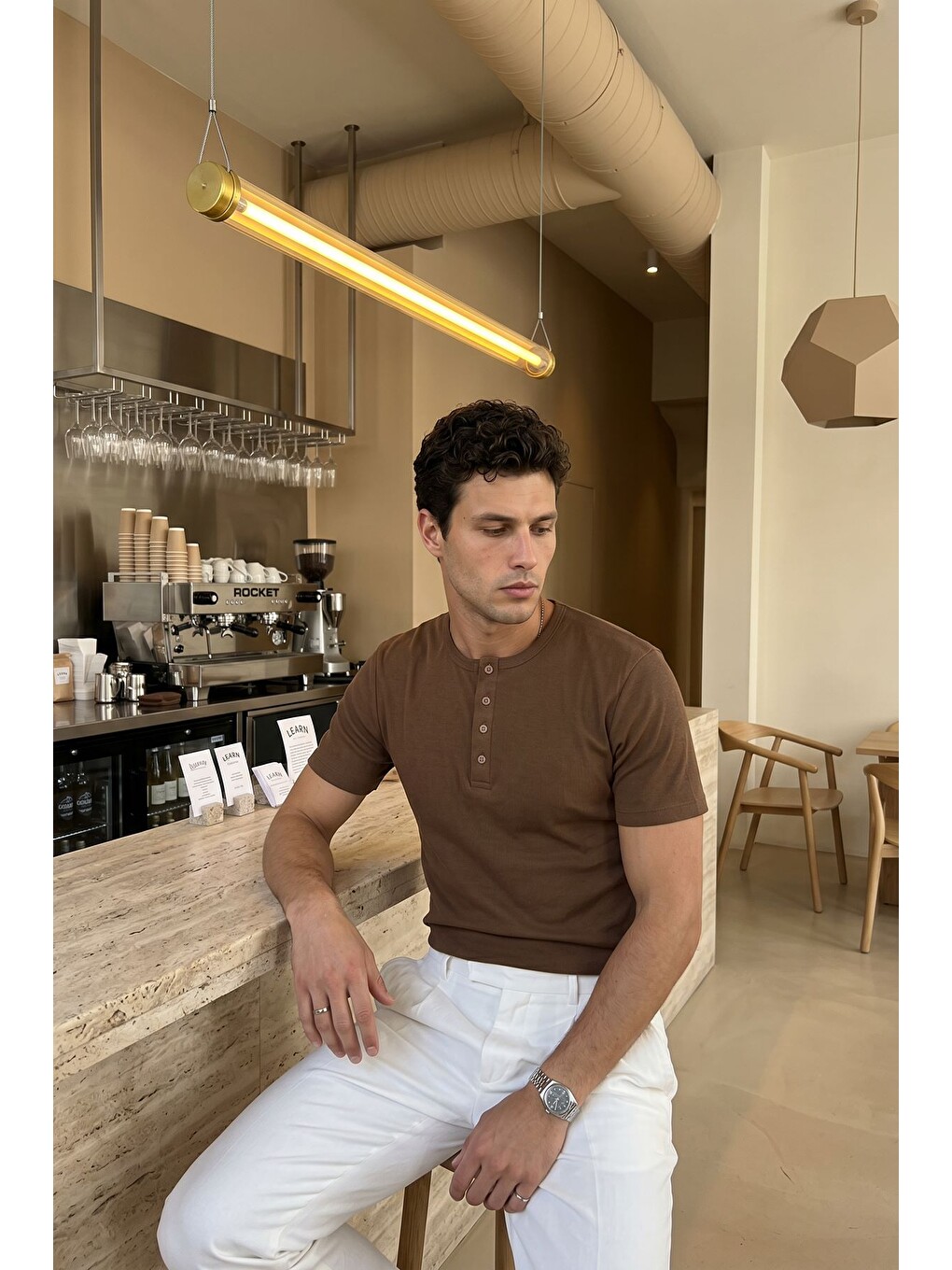Bej Liiri %100 Pamuk Premium Fitilli Henley Yaka Yarım Düğmeli Regular Fit Basic Yazlık Erkek Tişört-6