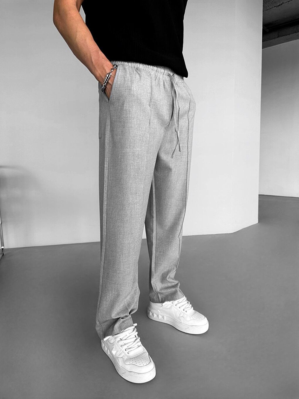 Beli Lastikli Baggy Erkek Pantolon Gri-3