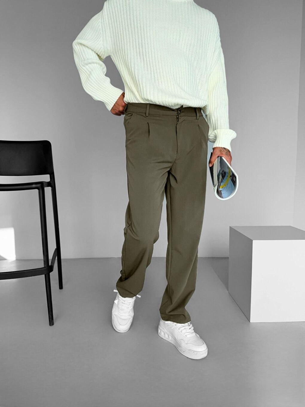 Baggy Fit Beli Lastikli Rahat Erkek Pantolon Haki