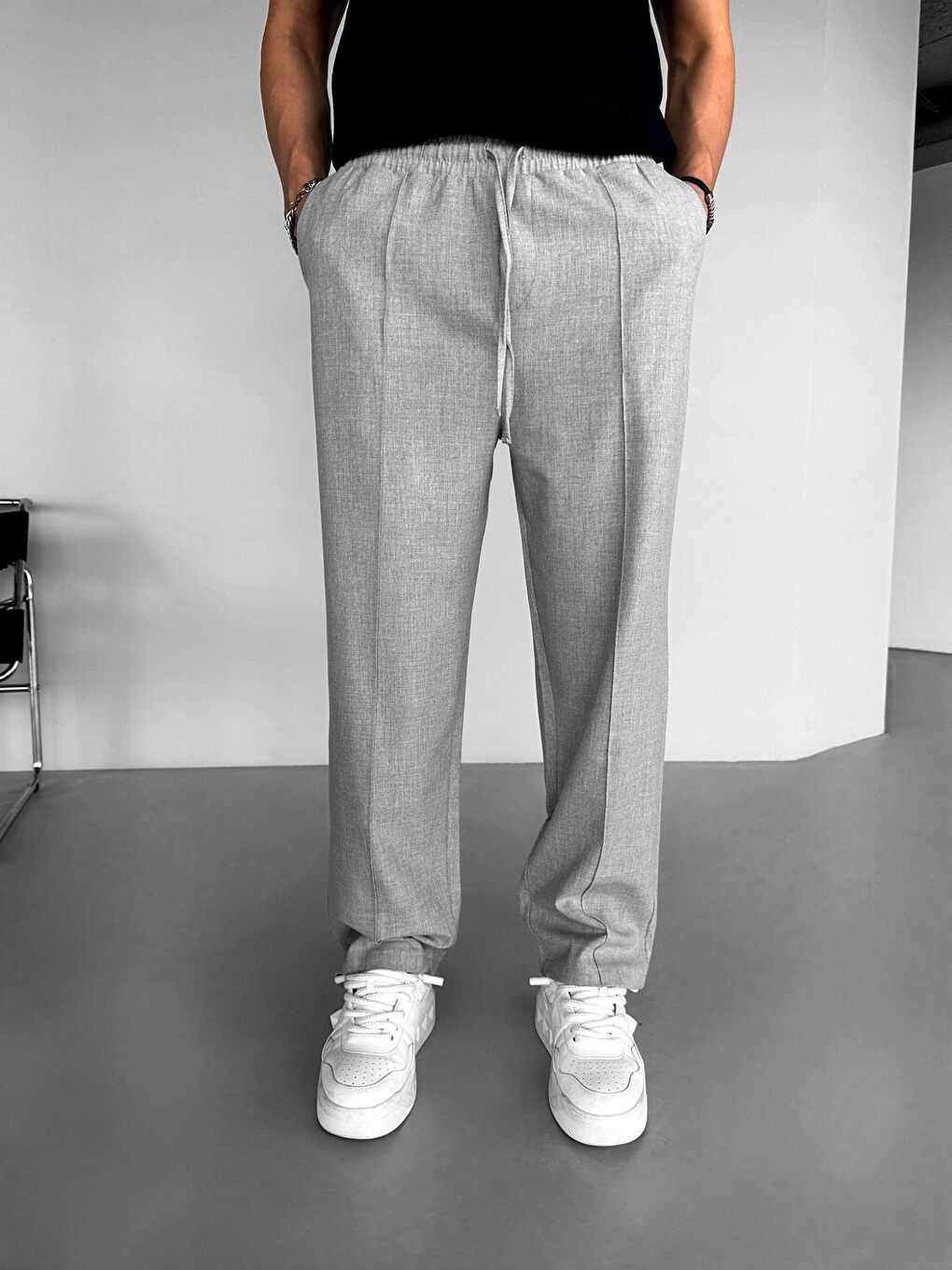 Beli Lastikli Baggy Erkek Pantolon Gri-4