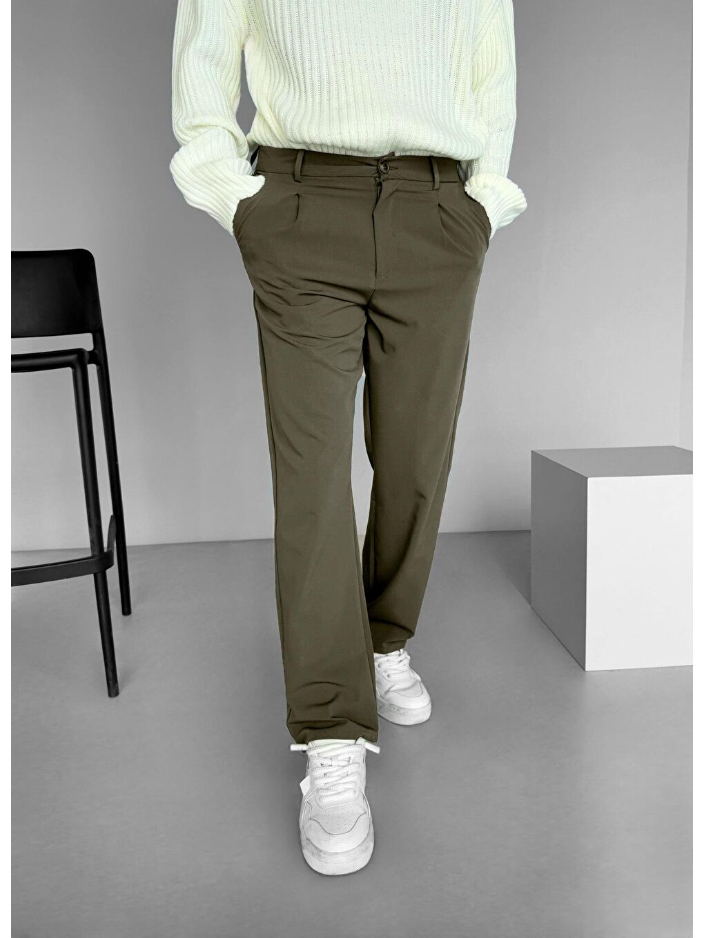 Baggy Fit Beli Lastikli Rahat Erkek Pantolon Haki-2