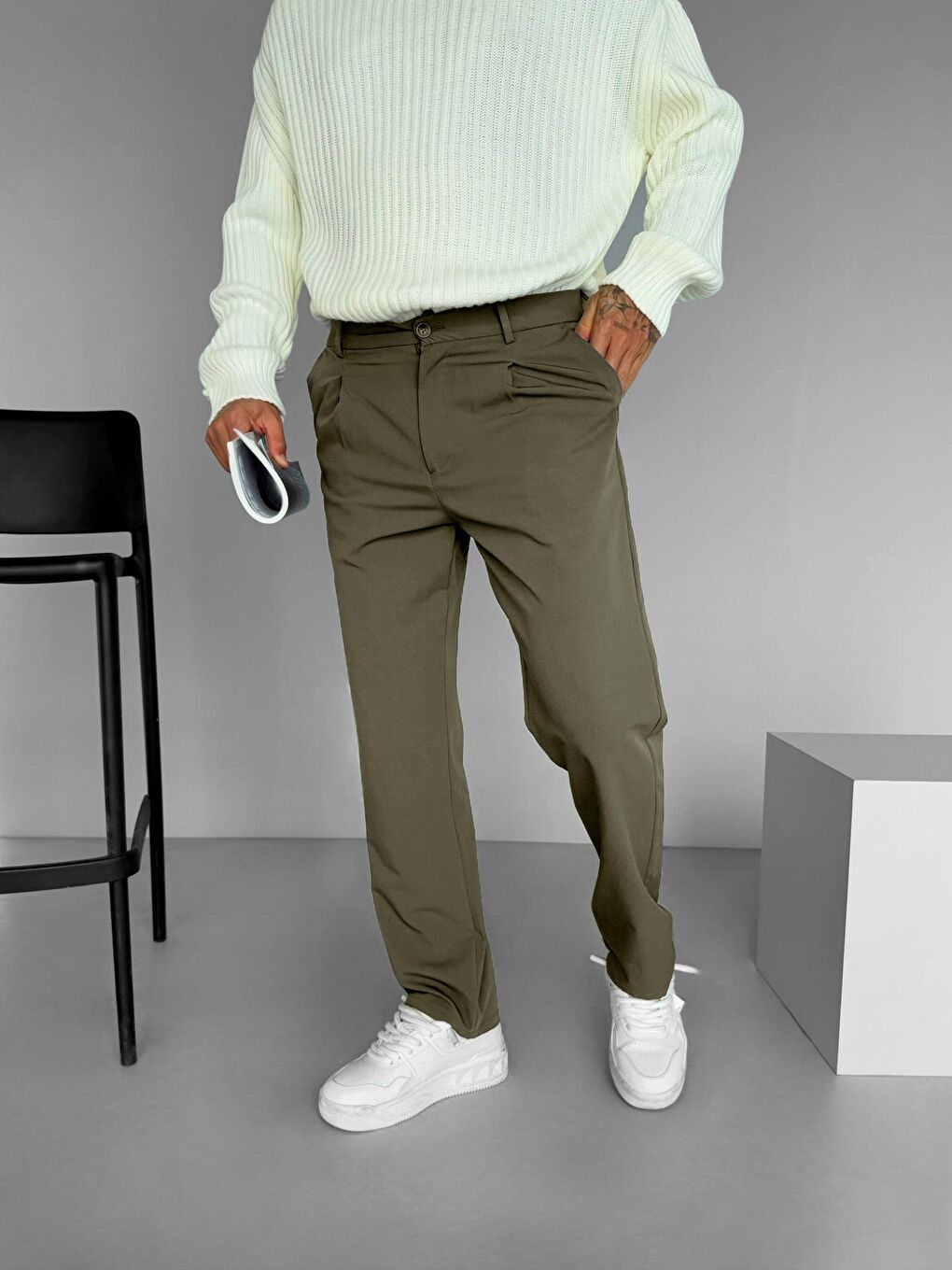 Baggy Fit Beli Lastikli Rahat Erkek Pantolon Haki-4