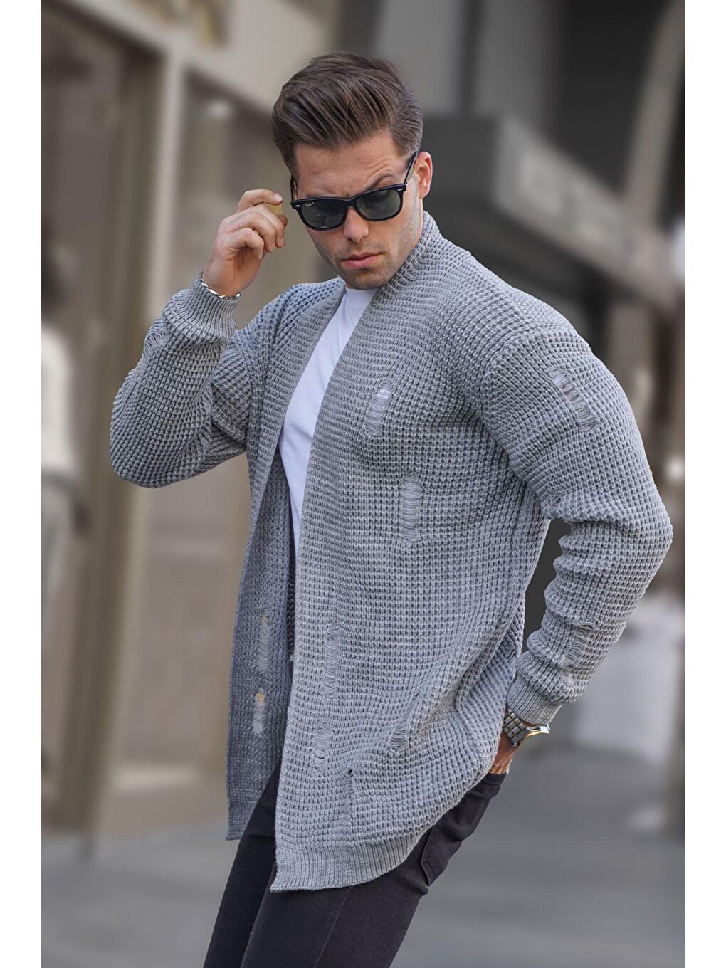 Gri Yırtık Detaylı Basic Örgü Hırka  6309