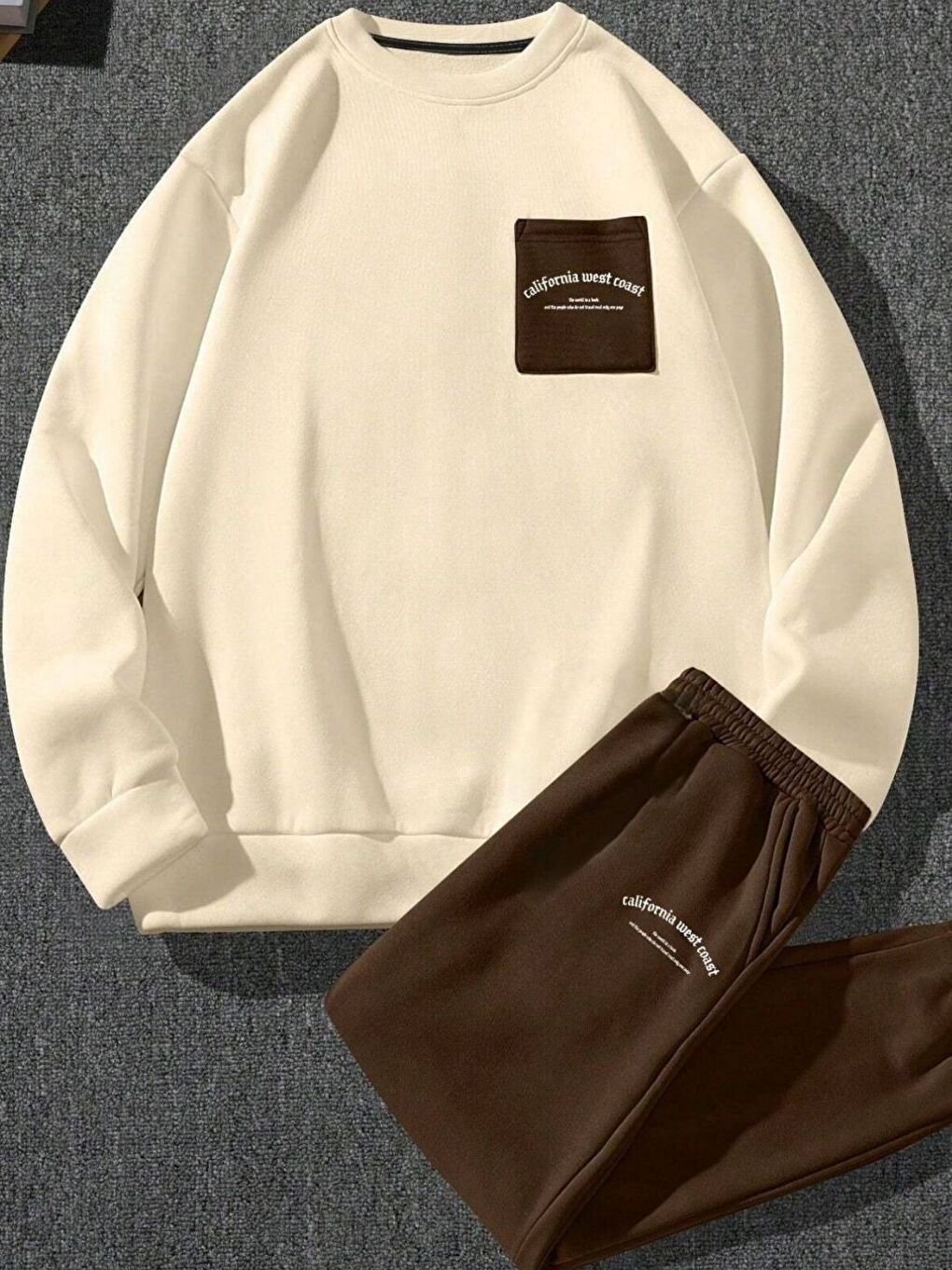 Bej Kahve Cebi California Baskılı Alt Üst Erkek Uzun Kollu Eşofman Takım