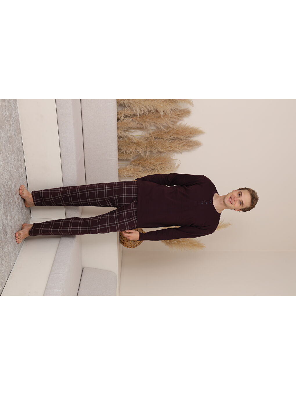 Mor Erkek %100 Doğal Pamuk Ekoseli Düğmeli Uzun Kol Kaliteli Pijama Takımı