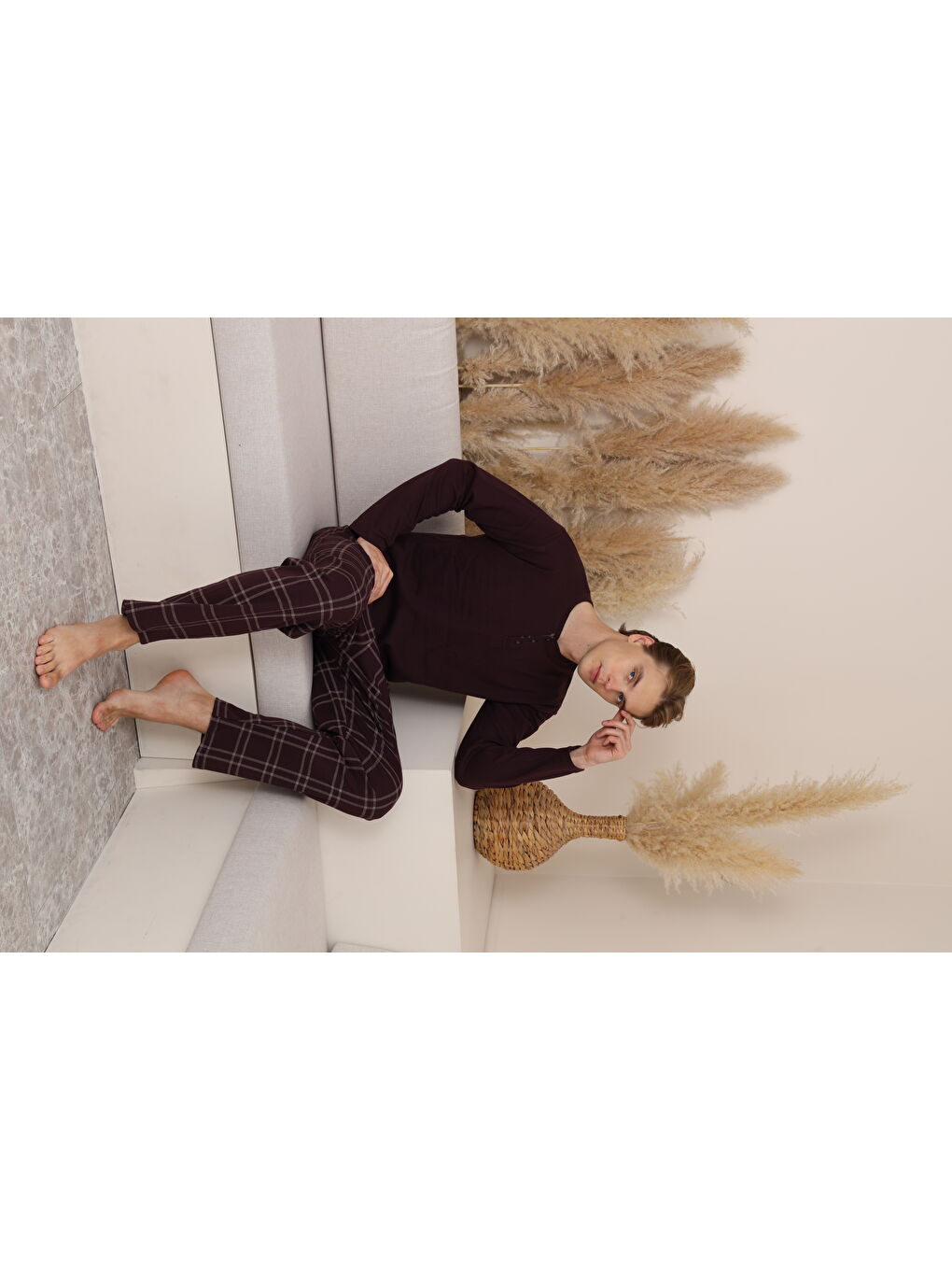 Mor Erkek %100 Doğal Pamuk Ekoseli Düğmeli Uzun Kol Kaliteli Pijama Takımı-1