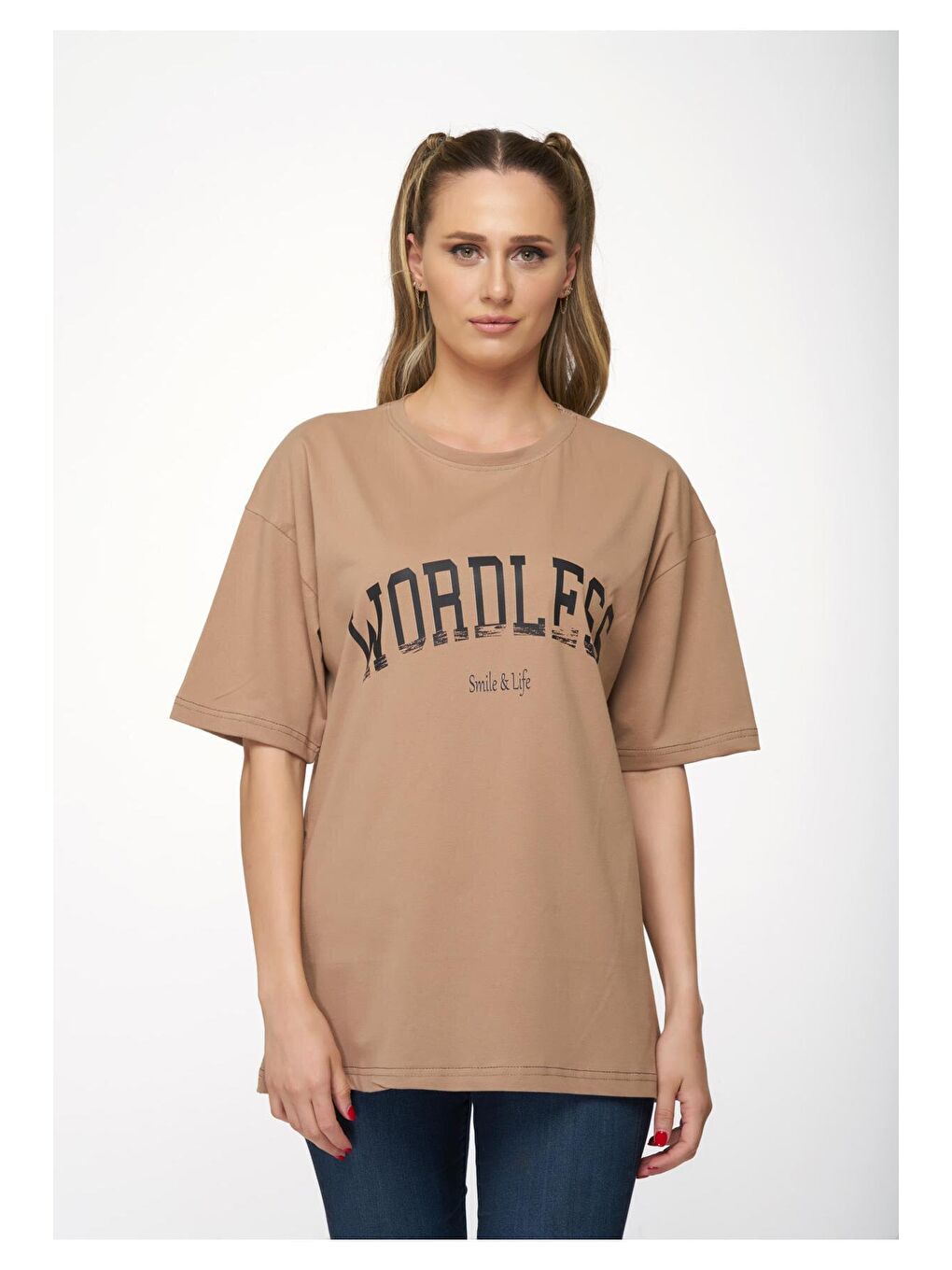 Kahverengi Kadın Oversize Vizon Wordless Baskılı Tişört