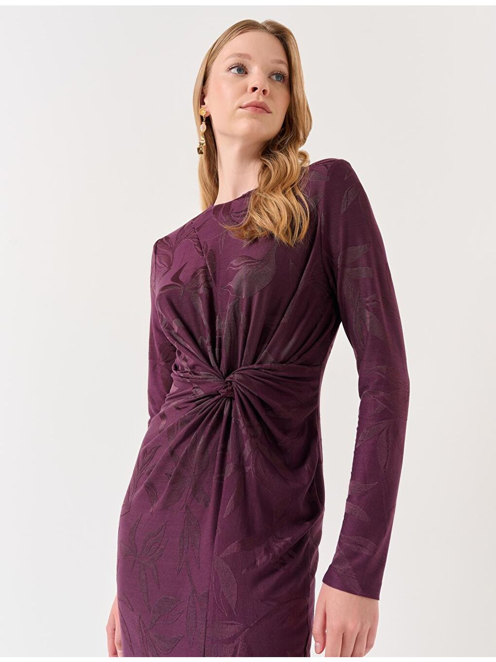 Bordo Uzun Kollu Yırtmaçlı Desenli Midi Elbise-3