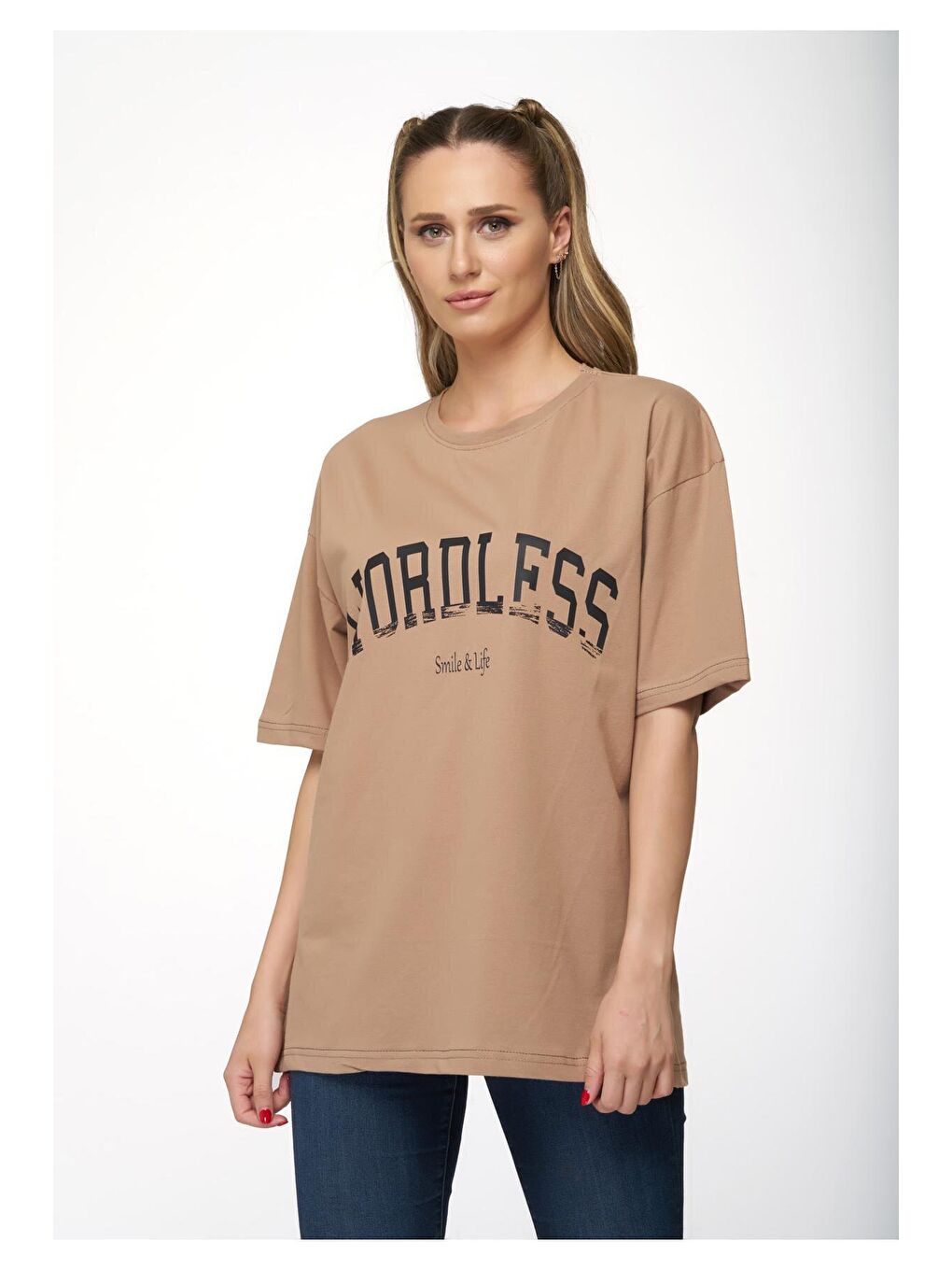 Kahverengi Kadın Oversize Vizon Wordless Baskılı Tişört-1