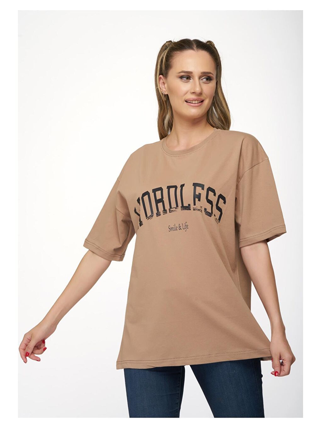 Kahverengi Kadın Oversize Vizon Wordless Baskılı Tişört-2