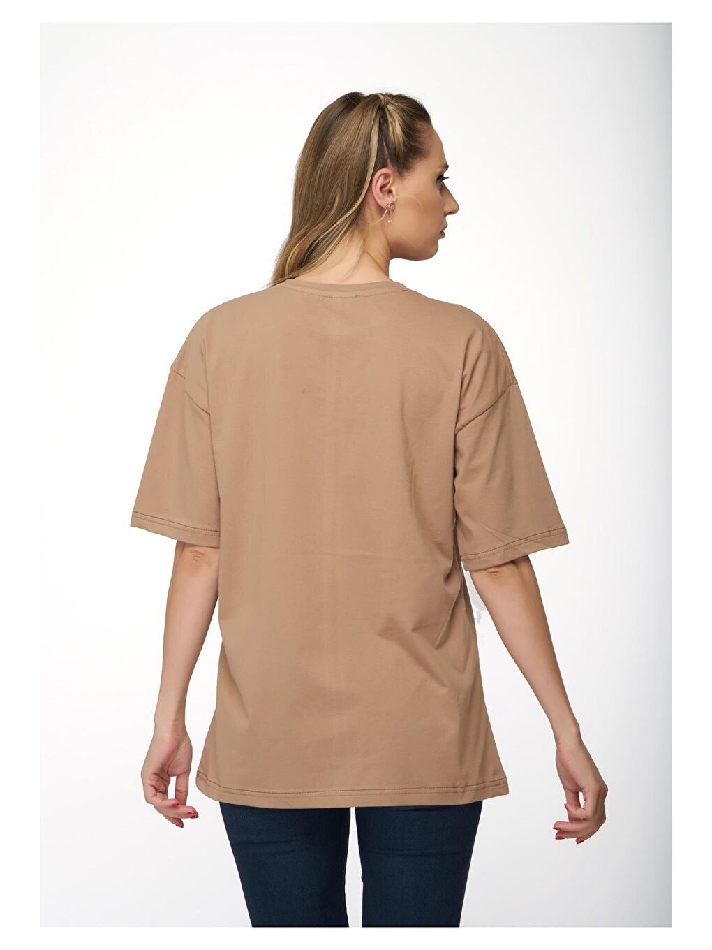 Kahverengi Kadın Oversize Vizon Wordless Baskılı Tişört-3